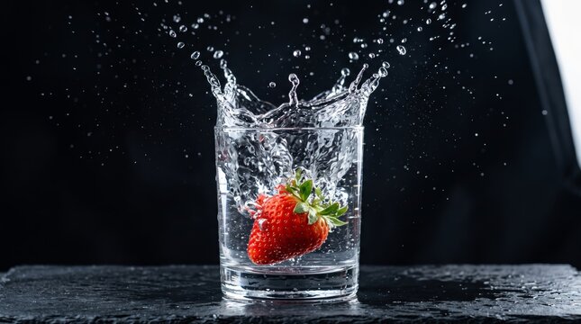 A juicy strawberry plunges into a glass of water, creating a dynamic splash crown against a dramatic black backdrop