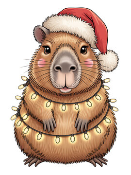 Cute Christmas capybara wearing Santa hat wrapped in glowing lights