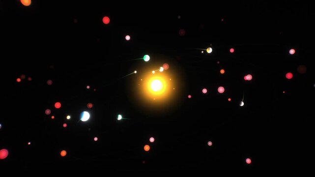 Multiple planetary bodies circle a radiant yellow sun in a dynamic 3D animation, providing a scientific motion background for astronomy and physics lectures