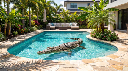 Fototapeta premium Crocodile Swimming in Backyard Swimming Pool