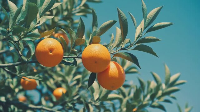Oranges growing on a tree with blue sky and cinematic motion during daytime