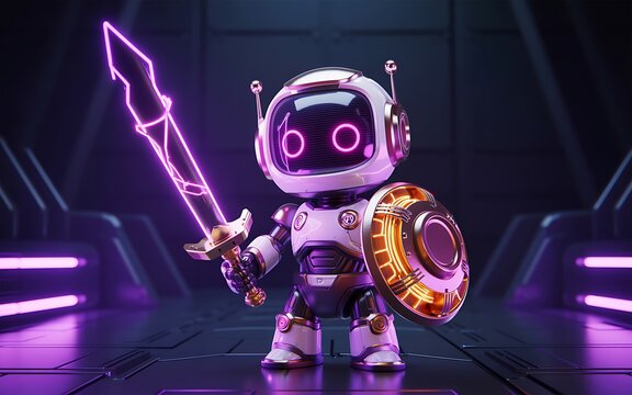 Cute futuristic AI robot warrior with glowing energy sword and shield in sci-fi technology environment