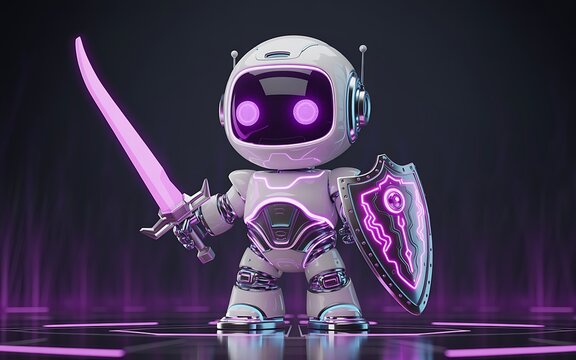 Cute futuristic AI robot warrior with glowing energy sword and shield in sci-fi technology environment