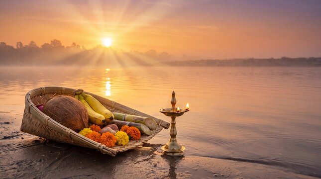 Chhath Puja festival background with bamboo soop and copy space