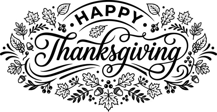 Happy Thanksgiving black and white typography, decorative autumn leaves frame, elegant seasonal greeting card element, traditional harvest celebration design.