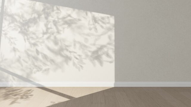 Empty bright room corner with morning sunlight from the window on the wall and oak floor, soft leaf shadows swaying in the breeze, copy space, seamless loop 4K