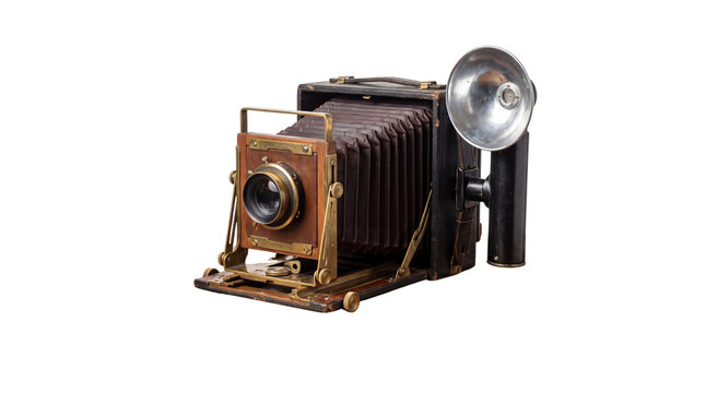 Vintage folding bellows camera with flash bulb, antique wood and brass photography equipment, retro press camera on white background