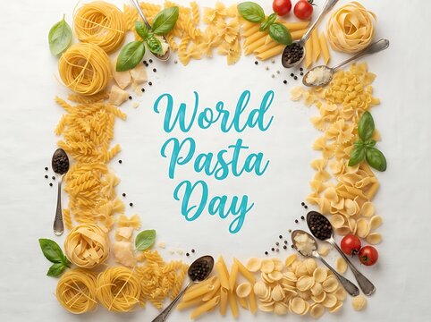 World pasta day creative concept background with various pasta types, herbs, spices and ingredients arranged in a frame shape with text