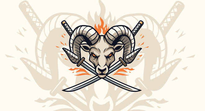 Aggressive ram head mascot logo featuring large curved horns, orange eyes, and two crossed katana swords with stylized fire flames against a clean light background vector.