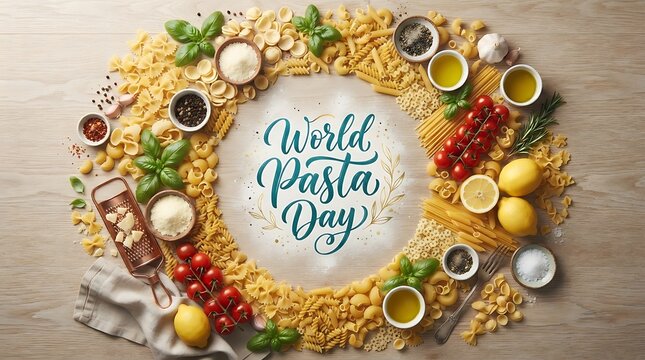 World pasta day celebration with a circular arrangement of various pasta shapes, fresh basil, tomatoes, olive oil, spices, and a cheese grater on a wooden table