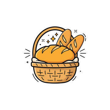 Hand drawn of a woven picnic basket filled with fresh crusty bread loaves and baguettes isolated on a clean white background