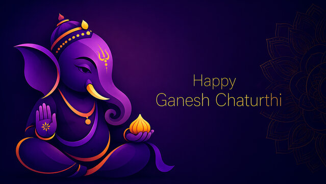 Stylized purple lord ganesha illustration holding sweet with glowing gold details on dark background for ganesh chaturthi celebration and lord ganesha puja