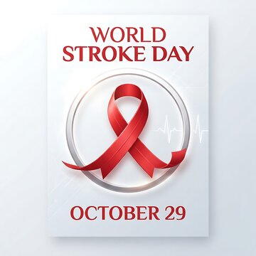 World stroke day poster with a red awareness ribbon inside a circular frame, featuring a medical heartbeat line, isolated on white background