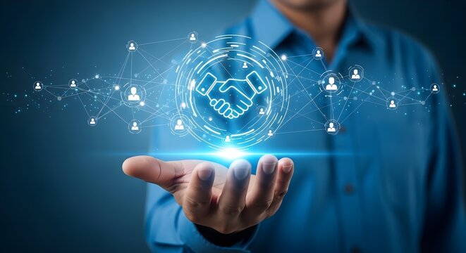 Business handshake icon and network. Digital partnership and collaboration. Human hand with glowing connection symbols.