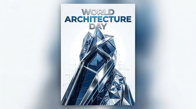 World architecture day poster design with a futuristic metallic skyscraper building, modern architectural concept, 3d rendering isolated on white background