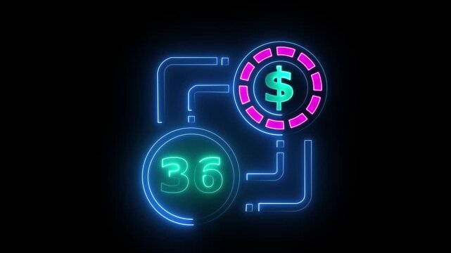 36 dollar sign text vibrant neon green on black background, financial wealth and currency concept. Neon check mark with payment successful. Confirmation, money transaction concept.