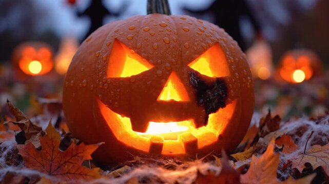 Una calabaza de Halloween tallada y encendida con humo, sobre una mesa con hojas secas, durante una fiesta nocturna con disfraces y luces.