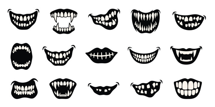 Creepy monster mouths set with sharp fangs, vampire teeth, and scary smiles vector illustration for Halloween designs