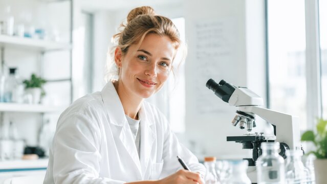 A female scientist in a white coat writes in a laboratory, smiling at the camera with a compound light microscope on the table nearby