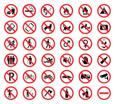 Prohibition signs black and white safety and danger symbols