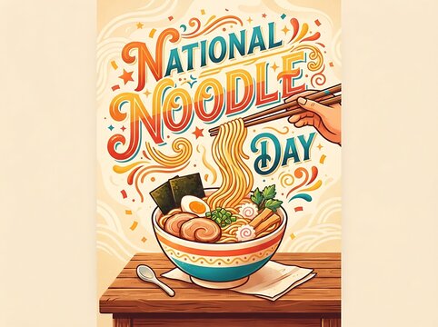 National noodle day illustration with a steaming bowl of ramen, chopsticks lifting noodles, and decorative typography on a wooden table background