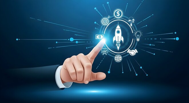 Business startup launch concept illustration. Businessman hand touching glowing rocket ship interface with financial growth icons. Digital technology for project initiation and investment.