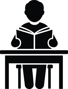 Student sitting at desk reading open book minimalist vector pictogram isolated on white background