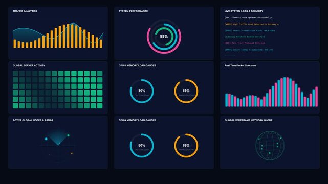  4K seamless loop motion graphics of a full-screen optimized analytics dashboard featuring sliding data streams, live terminal logs, concentric rings, and dynamic server heatmaps