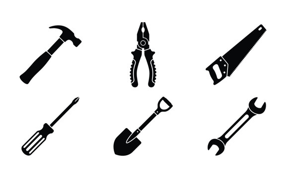 Collection of construction and repair tools silhouettes including hammer pliers saw and shovel with screwdriver