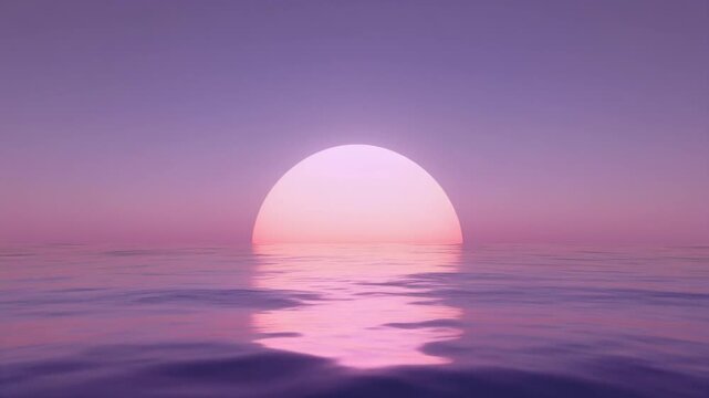 A large glowing sun sets over a calm ocean horizon during a vibrant purple twilight.