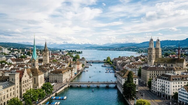 Aerial panoramic view of Zurich, Switzerland, showcasing the Limmat River, historic Old Town, Grossm&uuml;nster and Fraum&uuml;nster churches, and Lake Zurich with distant Alps.