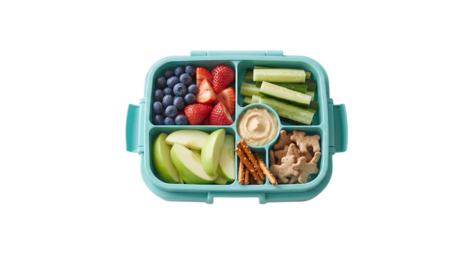 A colorful bento lunch box containing healthy snacks like fresh fruit vegetables hummus and crackers on a white background transparent background