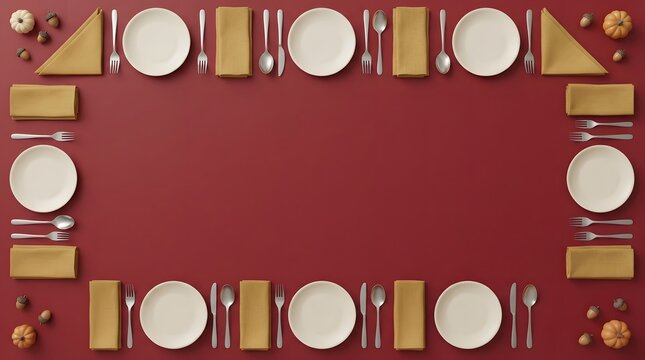 Elegant Thanksgiving dinner table setting with white plates, gold napkins, cutlery, and decorative elements on a red background