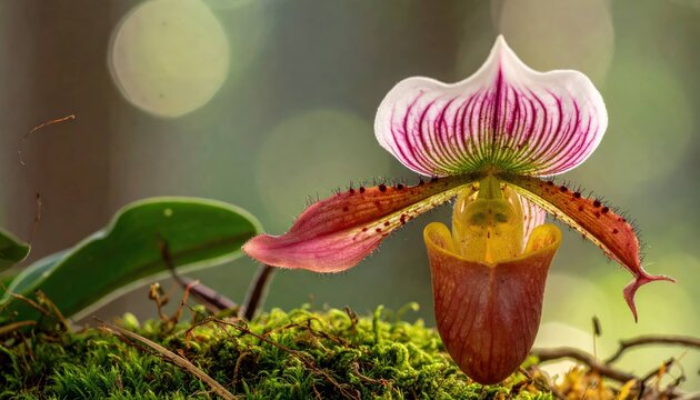 Beautiful Paphiopedilum Slipper Orchid Blooming in the Wild Forest with Soft Bokeh Background