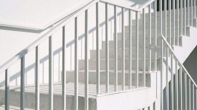 White stair and railing details, close perspective