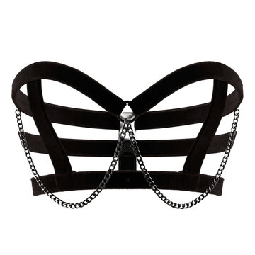 Black velvet underbust harness with silver chain draping cut out on a transparent background
