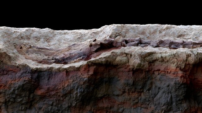 A fossilized bone structure embedded in layered sedimentary rock with visible mineral textures and natural color variations