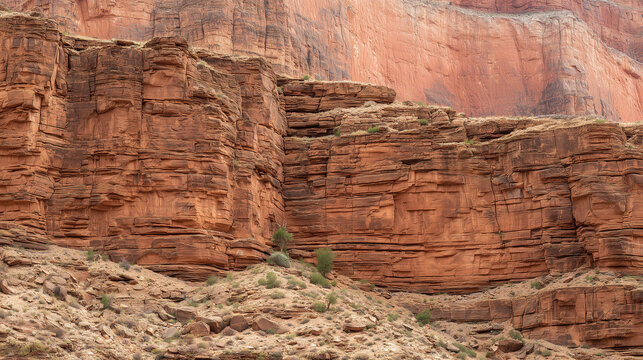 Tiered rock strata on a canyon face, arid terrain
