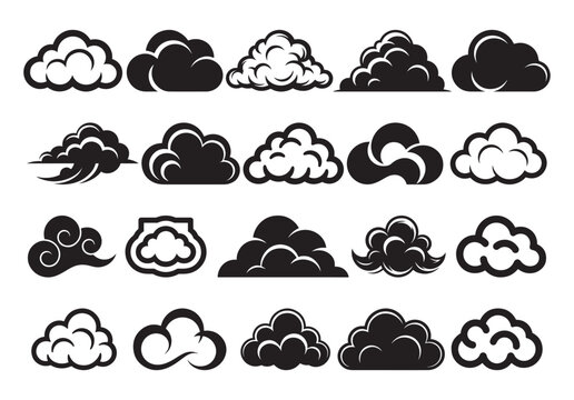 Cloud Icon Set Collection, Black and White Weather Symbols, Sky and Forecast Vector Illustrations