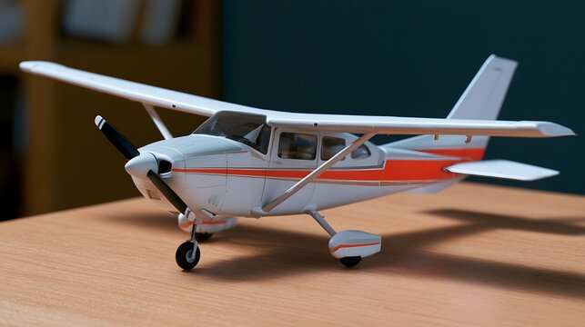 A detailed model airplane with white and red stripes sits on a wooden surface under soft indoor lighting