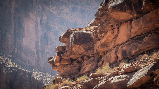 Tiered rock strata on a canyon face, arid terrain