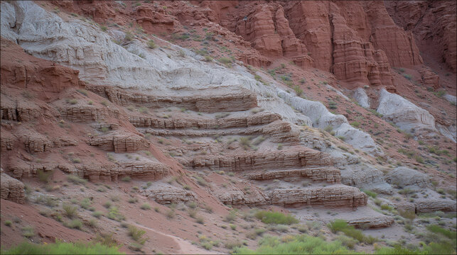 Tiered rock strata on a canyon face, arid terrain