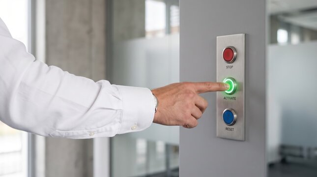 of male hand in white shirt pressing glowing green activate button on metal control panel, with red stop and blue reset buttons, industrial machinery operation, starting system