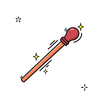 Red magic wand with a rounded tip, featuring motion lines and yellow sparkles, presented in a clean flat cartoon style on white background