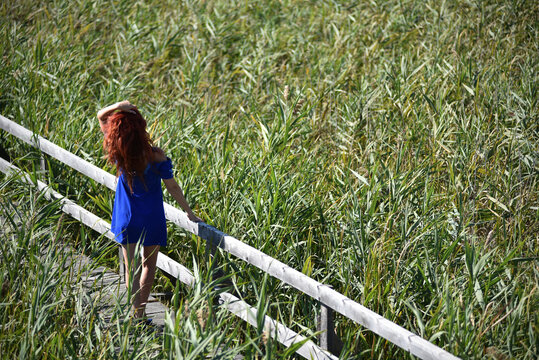 Red-haired woman in a vibrant blue dress, standing on a wooden footbridge