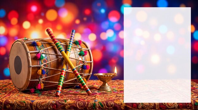 Navratri Garba festive background with dhol dandiya and copy space
