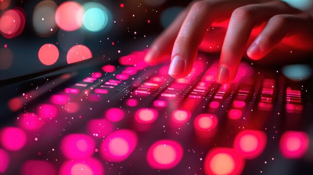 Fingers over a glowing keyboard with city bokeh