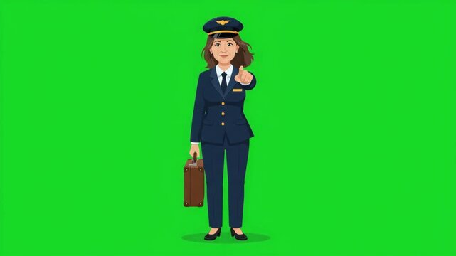 Female pilot in uniform holding a briefcase and showing thumbs up gesture on green screen.