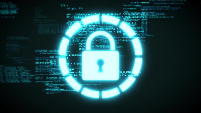 錠前のセキュリティアイコンとコードが流れる空間