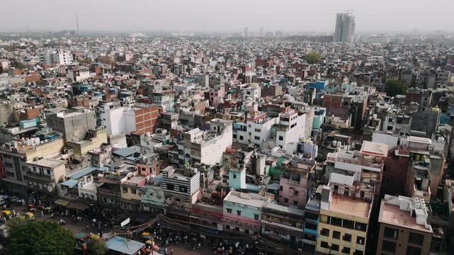 Aerial view of buildings in old delhi, india, showcasing urban poverty and overpopulation